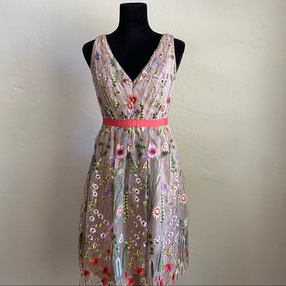 Adrianna Papell Floral V Neck Fit and Flare floral embroidered dress - Picture 8 of 15
